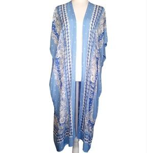 Ann Taylor LOFT Blue Floral Open Front Lightweight Kimono Ruana Poncho Large